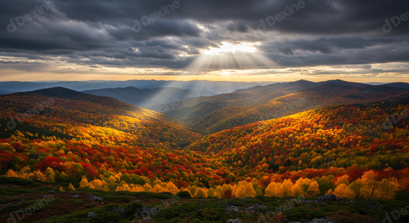 Vibrant Autumn Mountain Landscape With Dramatic Sun Rays And Fall Colors