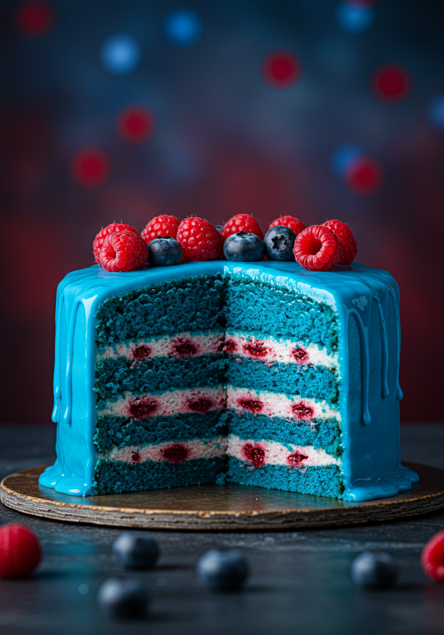 Vibrant Blue Layered Cake With Fresh Raspberries Blueberries And Glossy Glaze