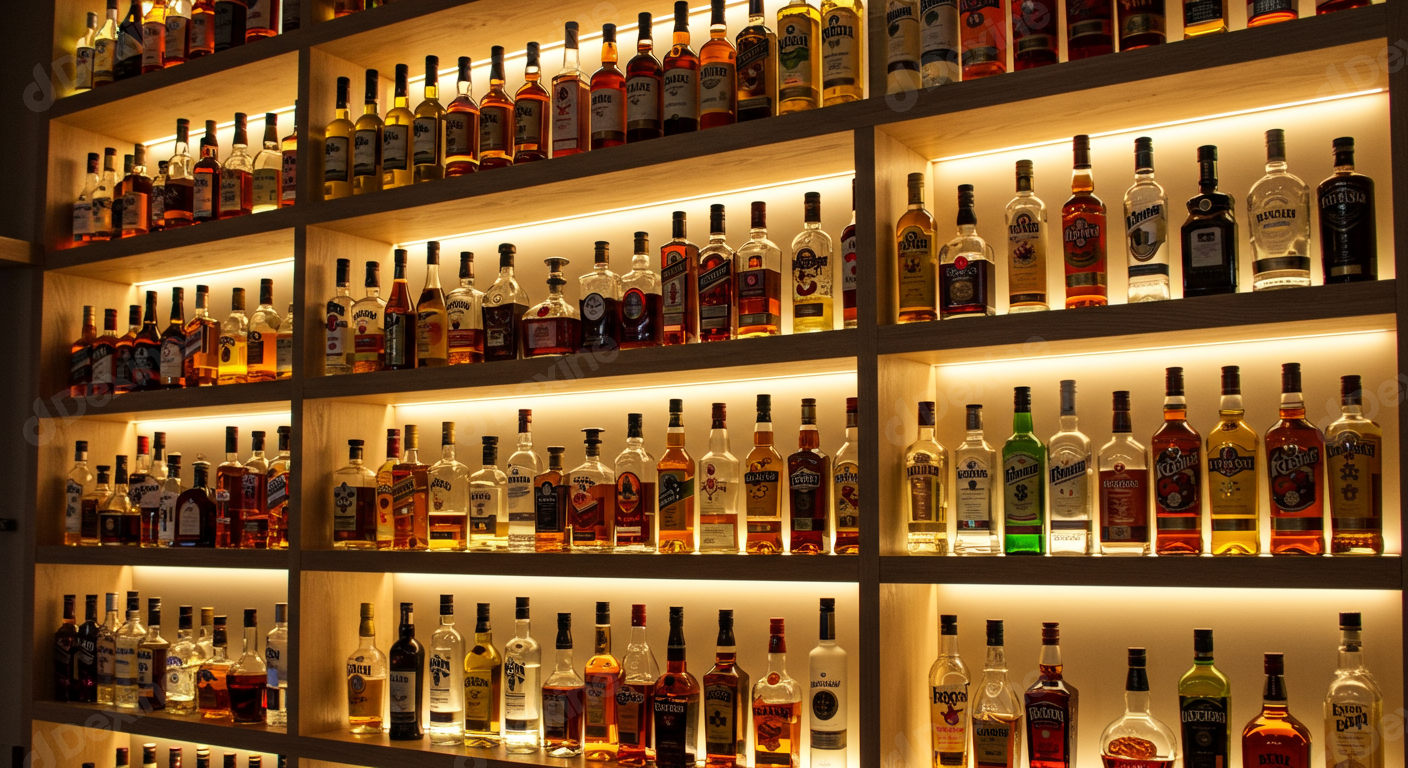 Vibrant Collection Of Liquor Bottles On Backlit Bar Shelves