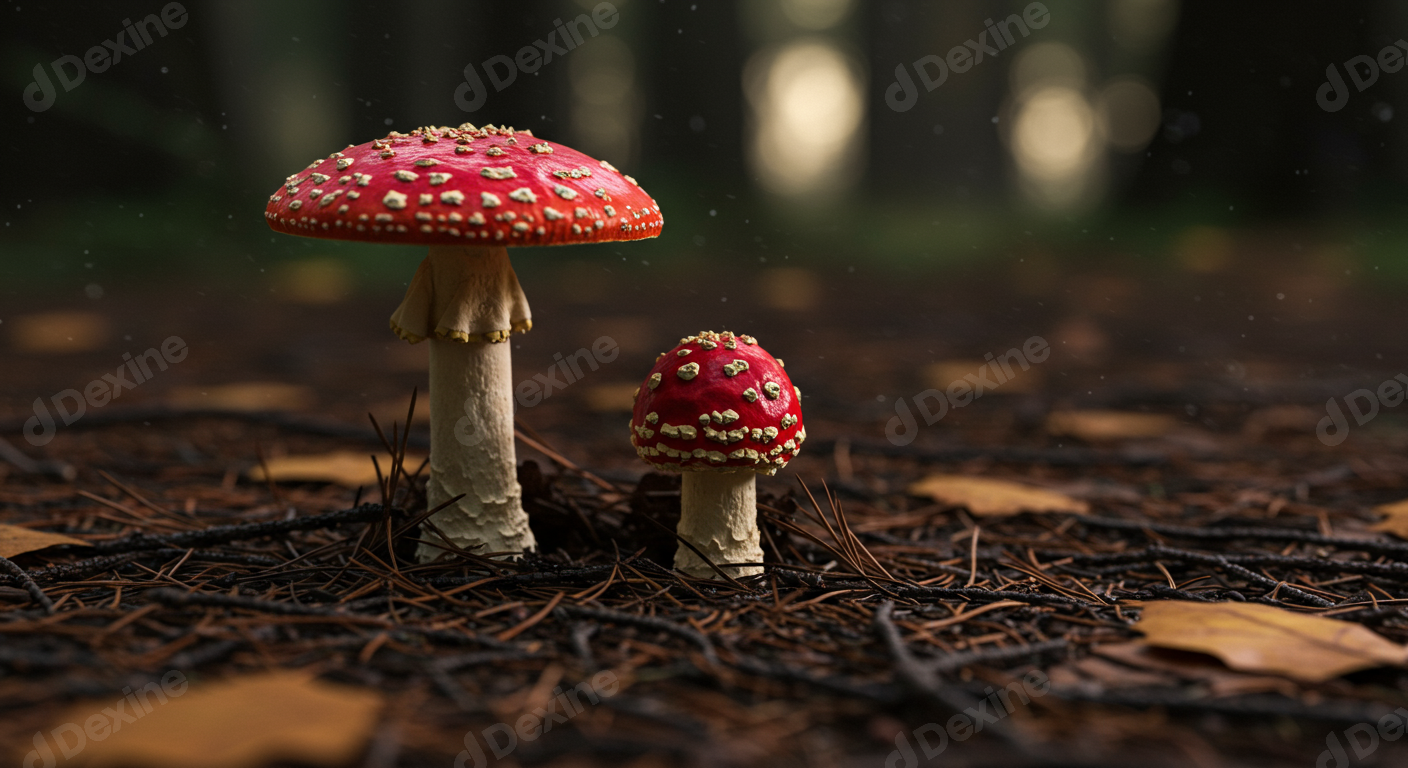 Vibrant Fly Agaric Mushrooms On Forest Floor Amidst Autumn Leaves