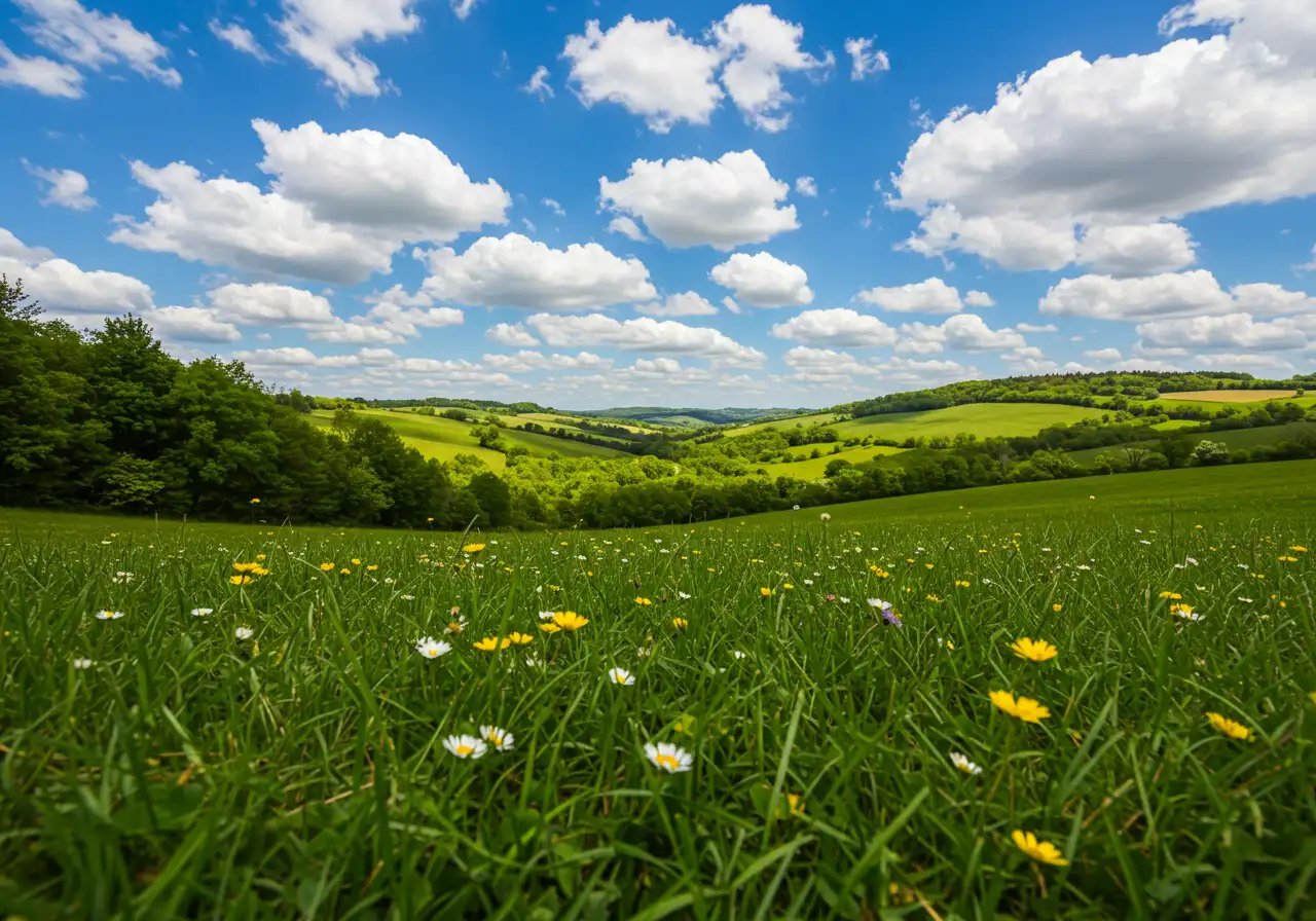 Vibrant Green Meadow With Wildflowers And Rolling Hills