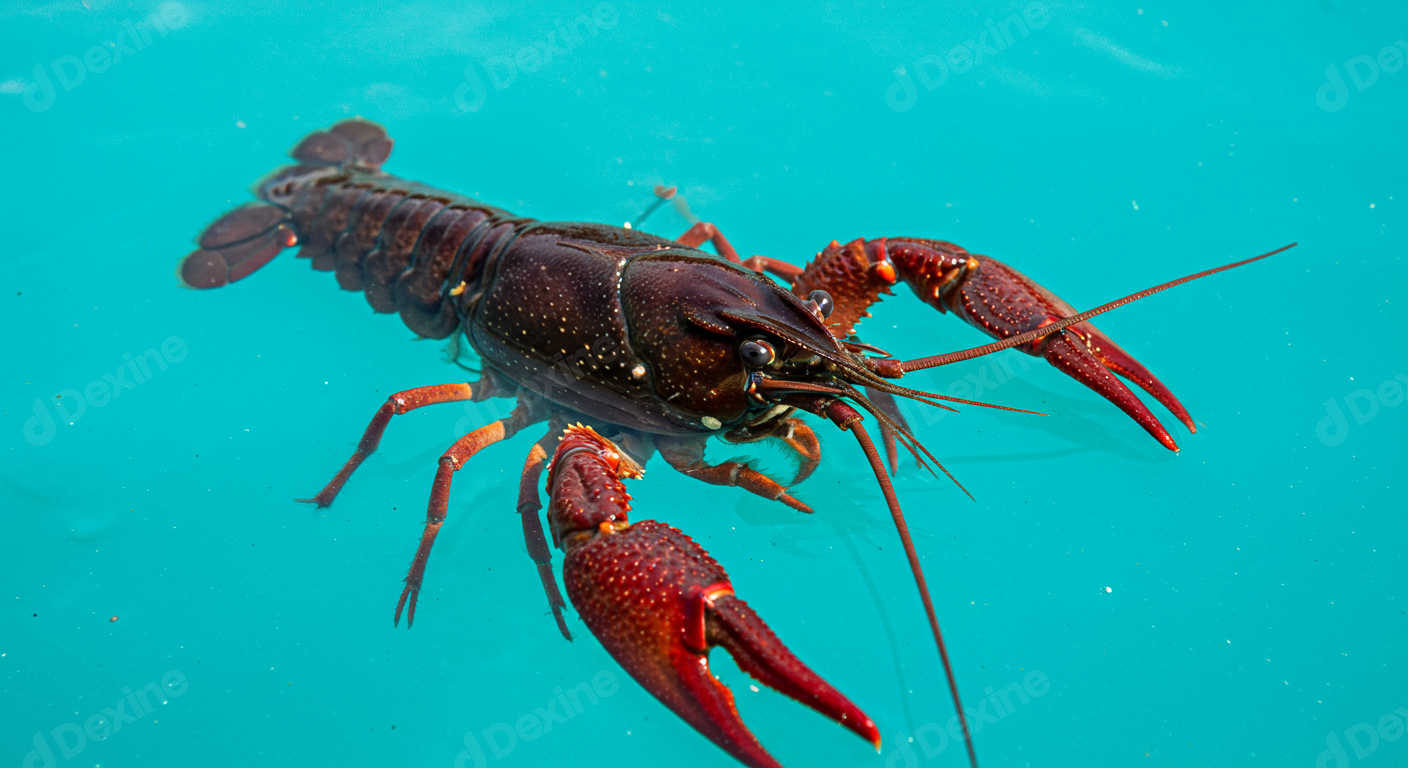 Vibrant Red Crayfish Swimming In Crystal Clear Blue Water