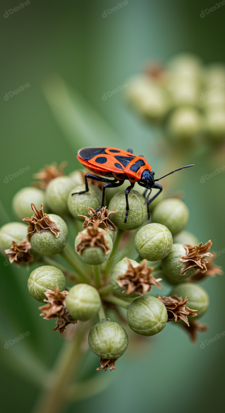 Vibrant Red Firebug Insect Perched On Green Plant Buds Macro