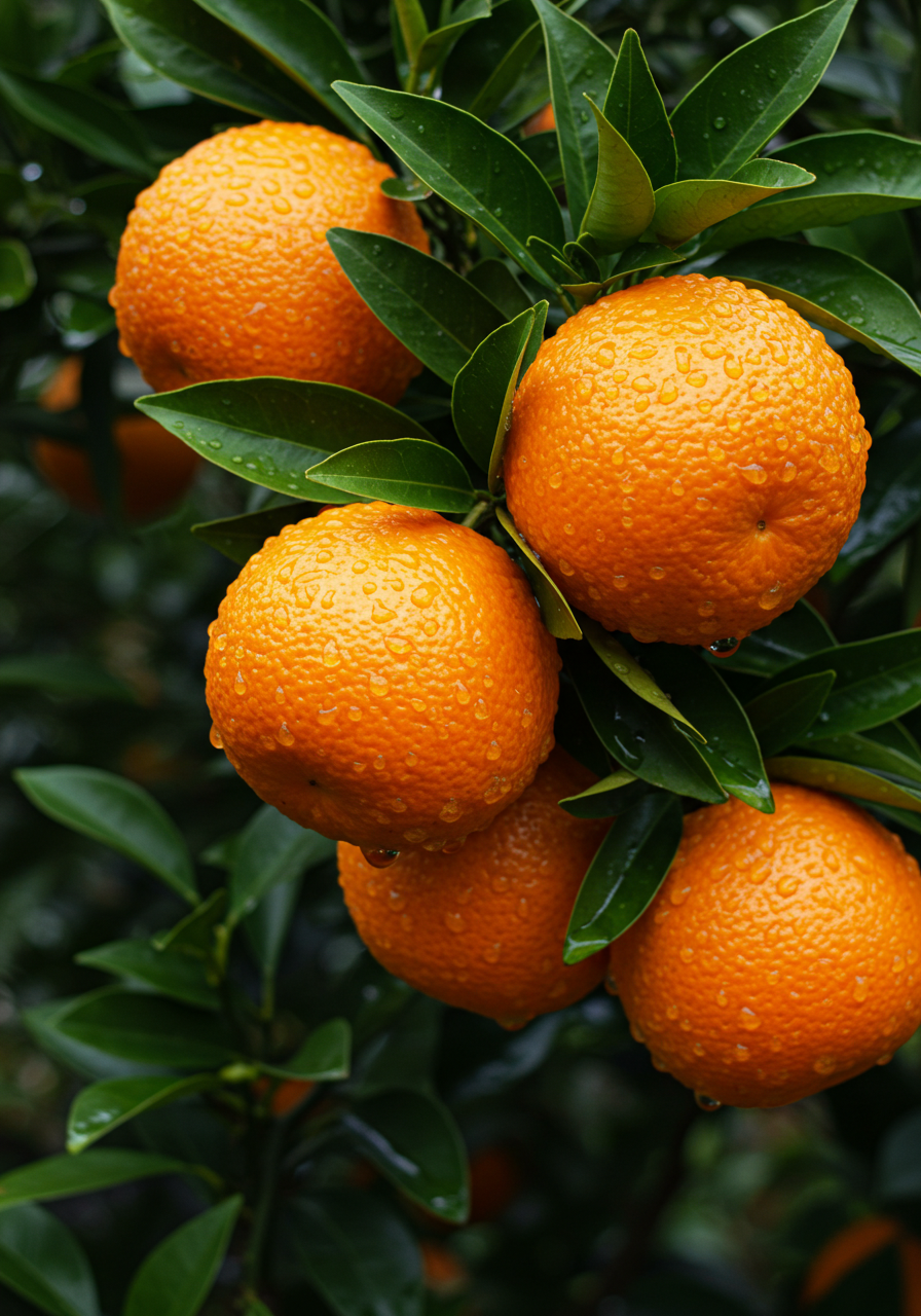 Vibrant Ripe Oranges With Fresh Raindrops On Green Tree