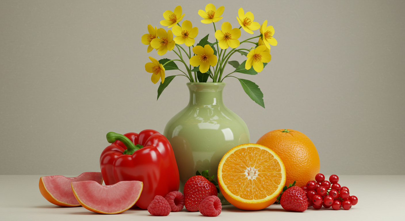 Vibrant Still Life Fresh Fruits Vegetables And Yellow Flowers In Vase