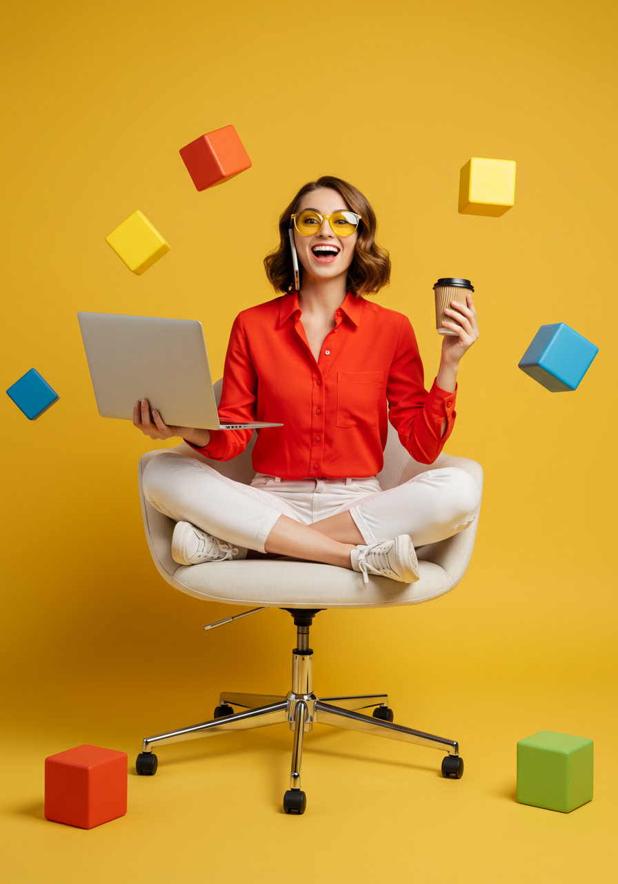 Vibrant Young Woman Multitasking With Laptop Coffee And Phone Floating Cubes