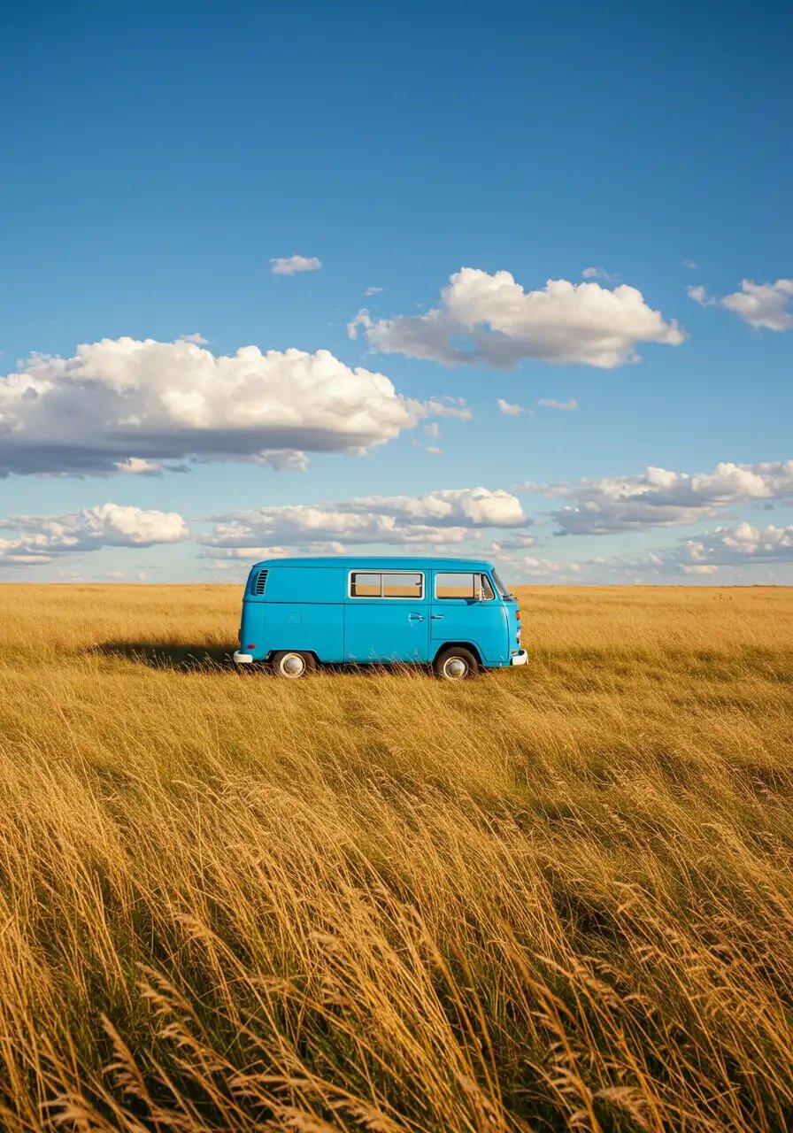 Vintage Blue Van Parked In A Golden Field