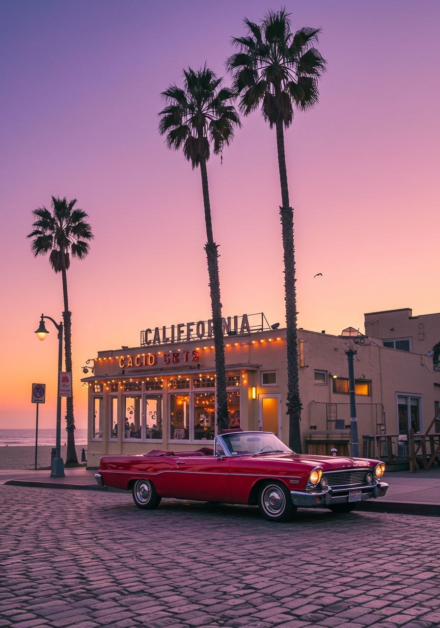 Vintage Red Convertible Car Parked By California Beach At Sunset