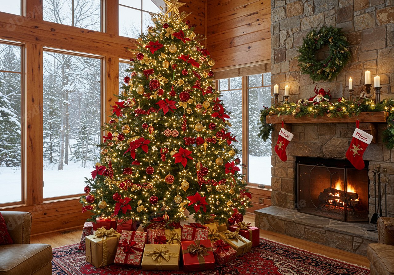 Warm Festive Season Vibe Decorated Christmas Tree And Cozy Fireplace