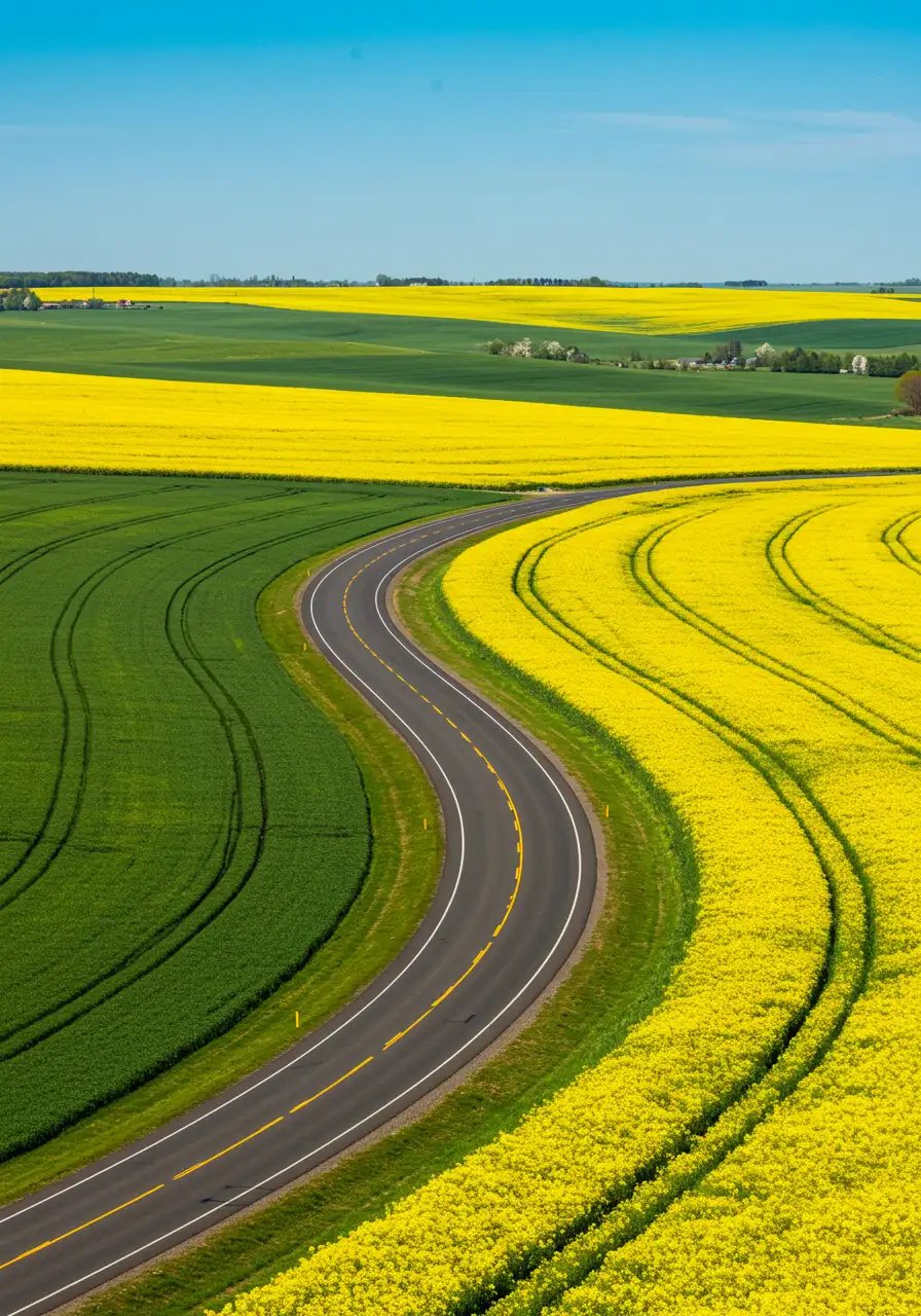 Winding Road Through Golden Canola And Green Fields Aerial View