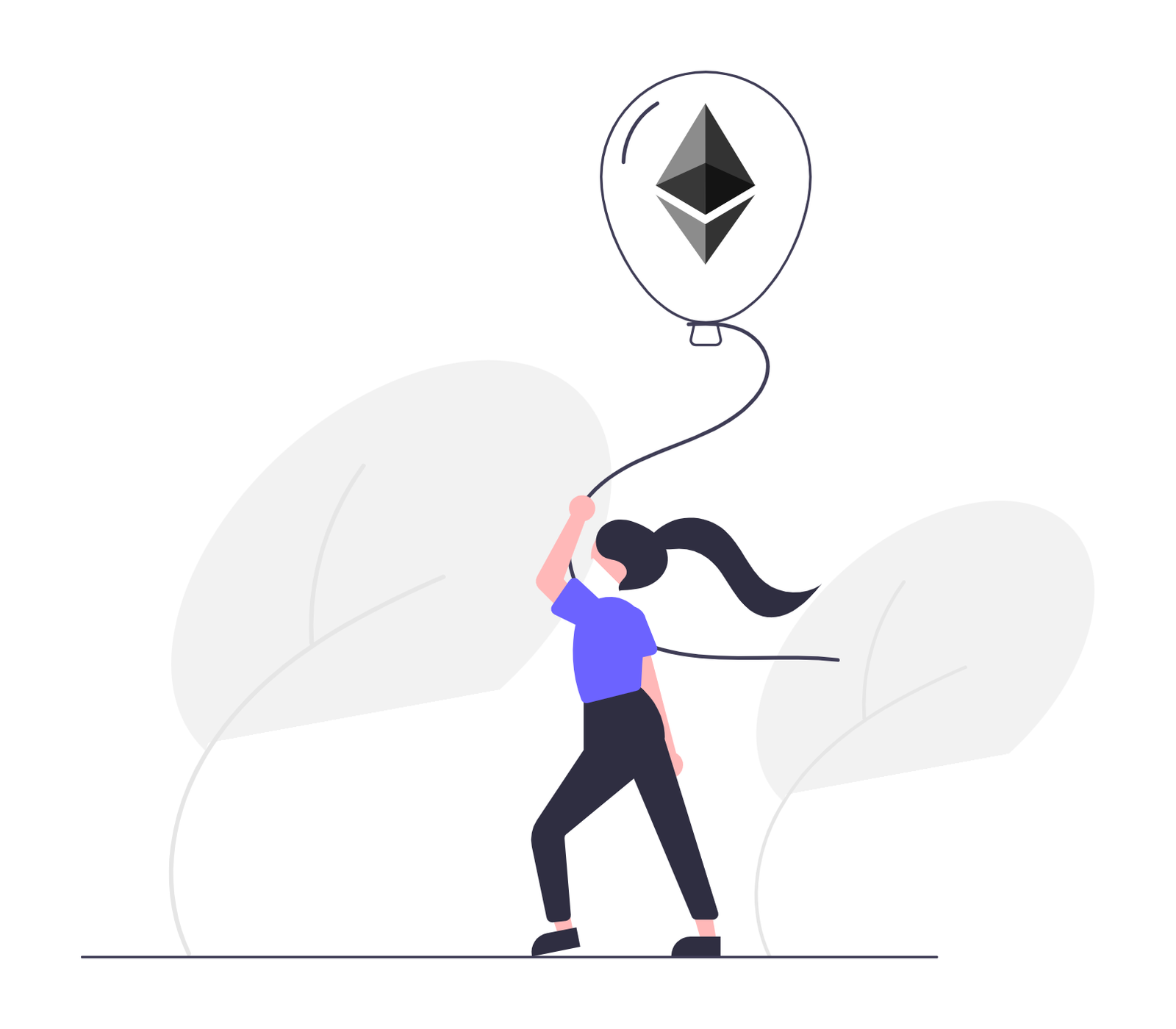 Woman Holding Ethereum Cryptocurrency Balloon In Flat Minimalist Style