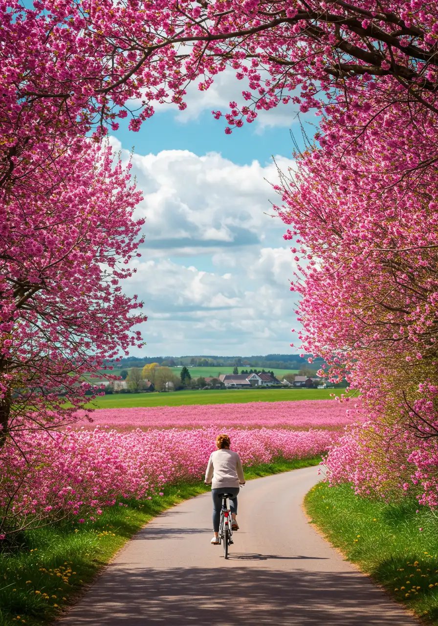 Woman On A Bike Riding Through A Pink Blossom Alley
