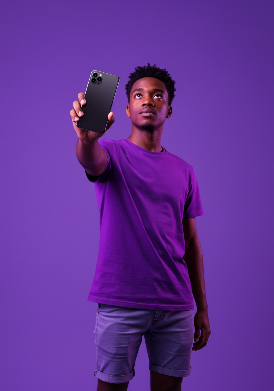 Young African American Man Holding Up Smartphone On Purple Background