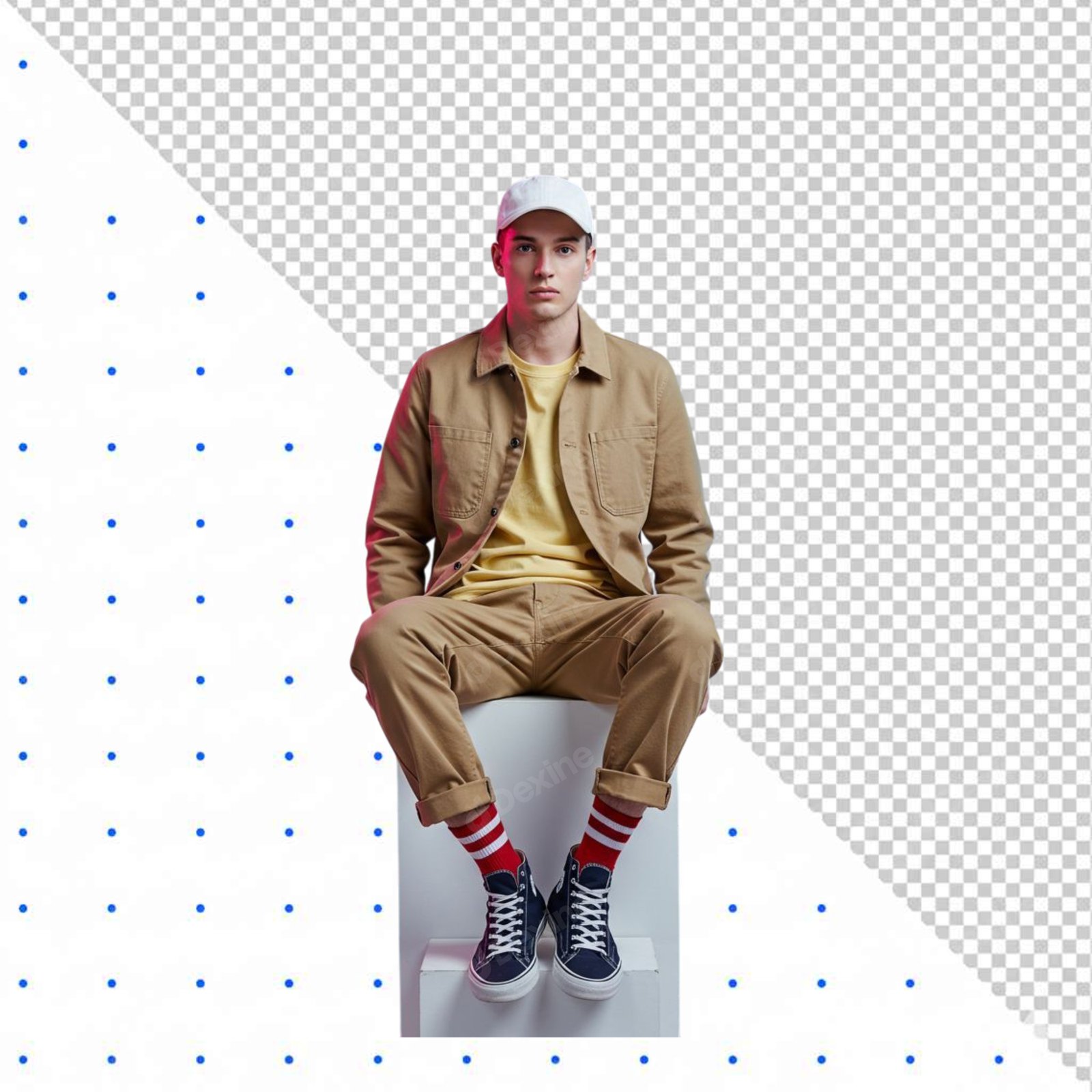 Young Man Sitting In Casual Fashion With Cap Isolated On Transparent Background