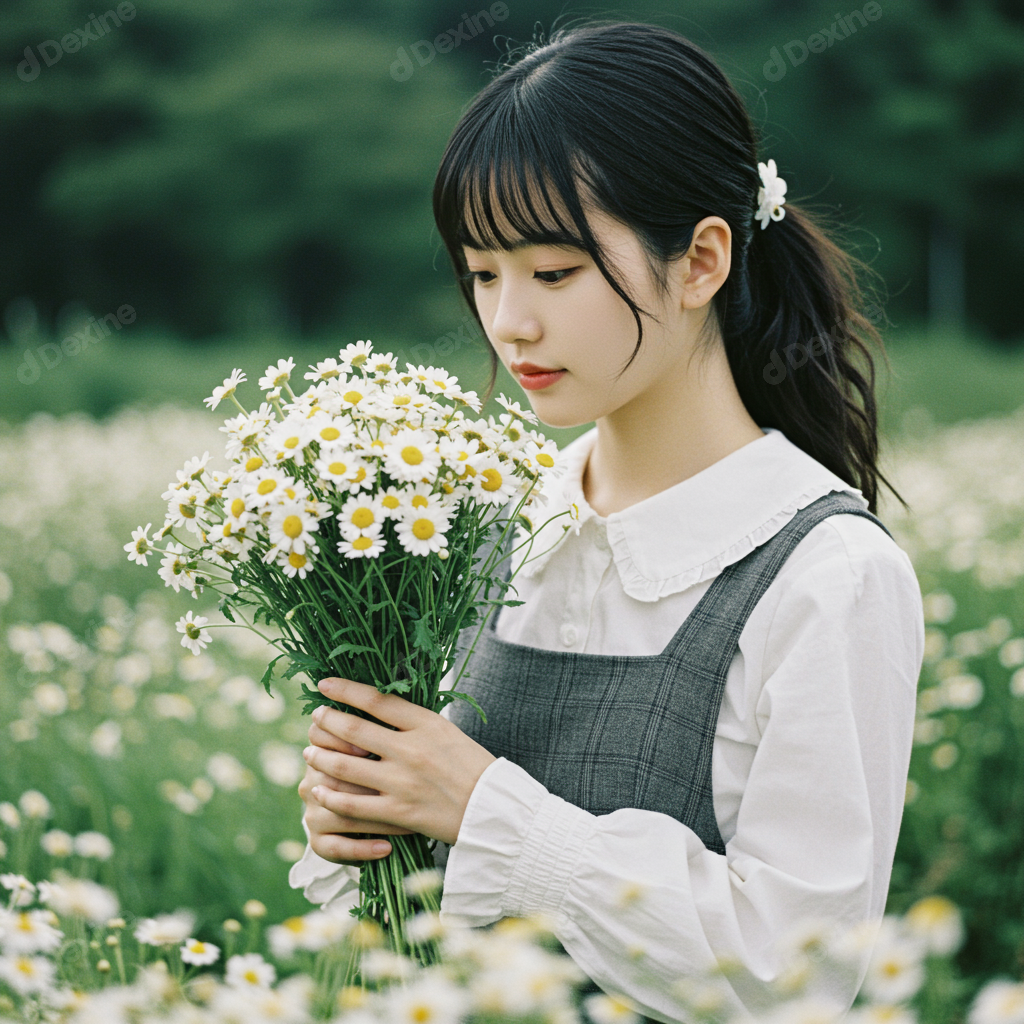 Young Woman Holding Fresh Daisy Bouquet In A Summer Meadow