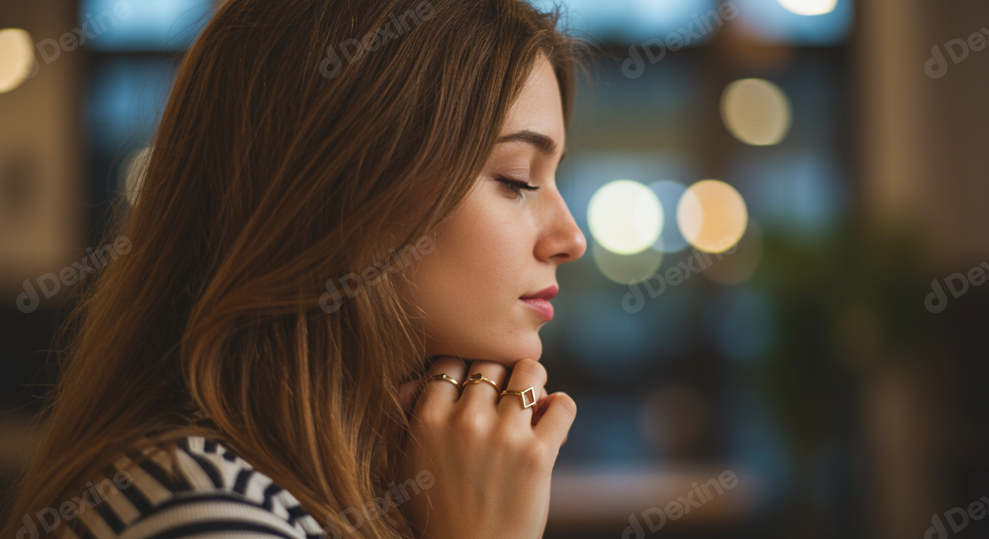 Young Woman Lost In Thought With Closed Eyes And Soft Bokeh Background