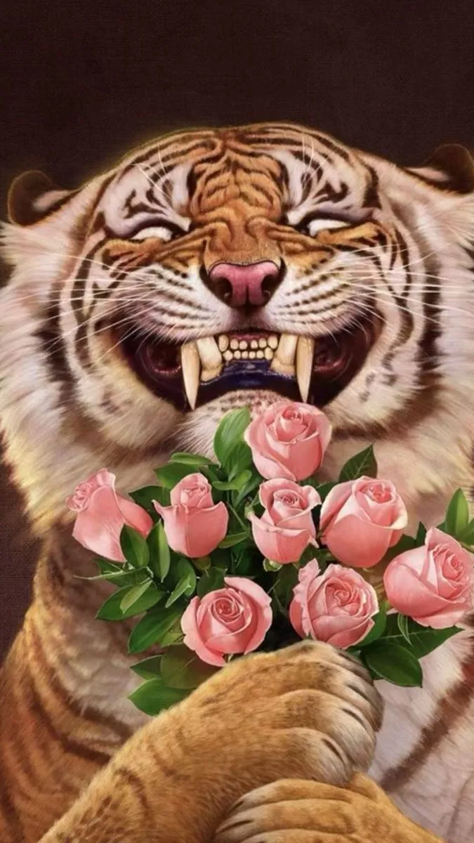 a painting of a tiger with roses in its mouth