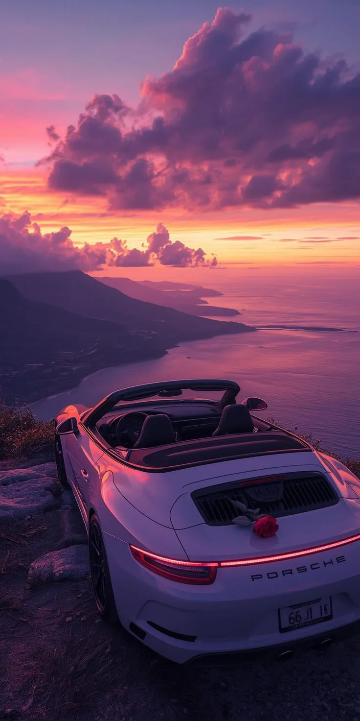 a white sports car parked on the side of a cliff at sunset with clouds in the sky
