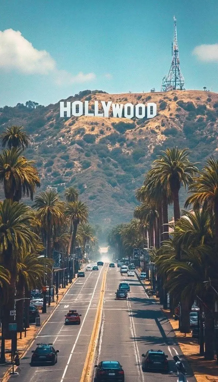 hollywood sign with palm trees and cars driving down the road