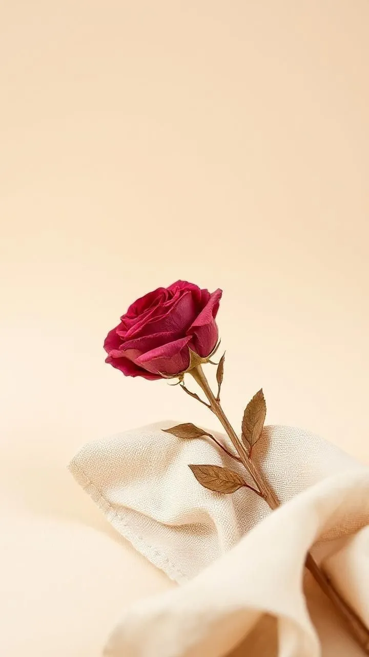 a single red rose sitting on top of a white cloth