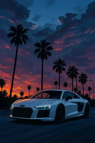a white car parked in front of palm trees at sunset with the sun setting behind it