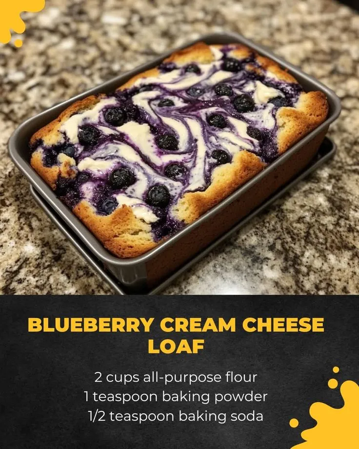 RecipeHaven - Blueberry Cream Cheese Loaf Deliciously Moist Blueberry Loaf with Cream Cheese Swirl Ingredients: 2 cups all-purpose flour 1 teaspoon baking powder 1/2 teaspoon baking soda 1/4 teaspoon salt 1/2 cup unsalted butter, softened 1 cup granulated