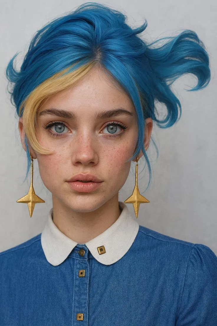 a woman with blue hair and gold star earrings