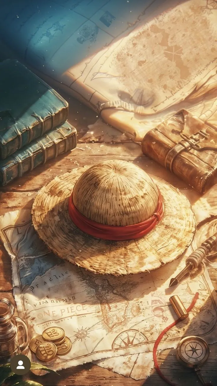 a hat is sitting on top of an old map with other books and items around it