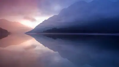 OS X Lion, Tranquil, Lake, Mountains, Reflection, Mist, Landscape, Mac OS X, Stock, 5K