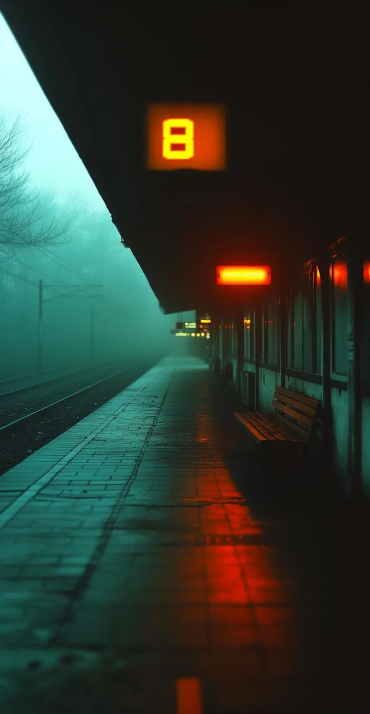 an empty train station at night with the lights on