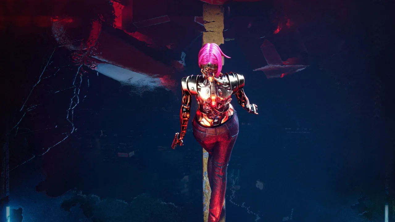 Cyberpunk 2077: Phantom Liberty, Poster, Female V, Vertical, Neon art, Pink hair