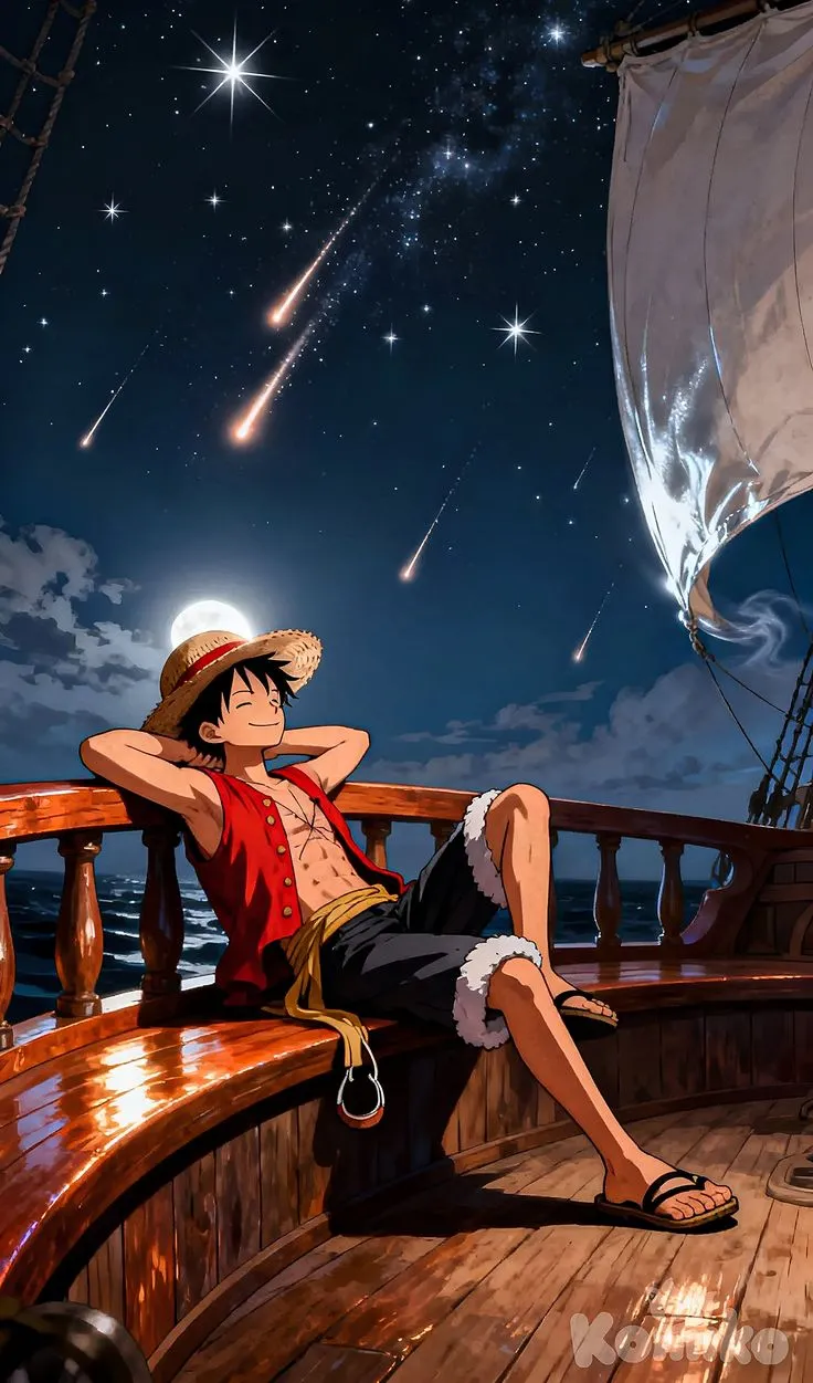 a man sitting on top of a wooden deck next to a boat under a sky filled with stars