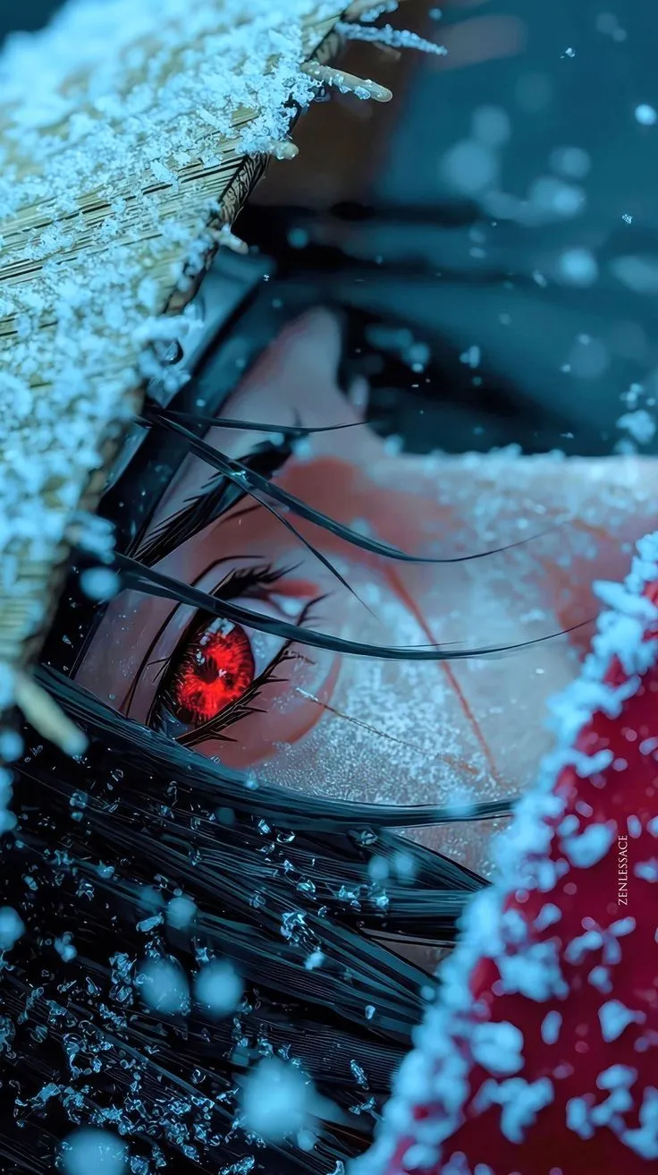 a woman with red eyes holding an umbrella in the snow