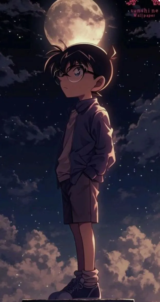 an anime character standing on top of a hill with the moon in the sky behind him