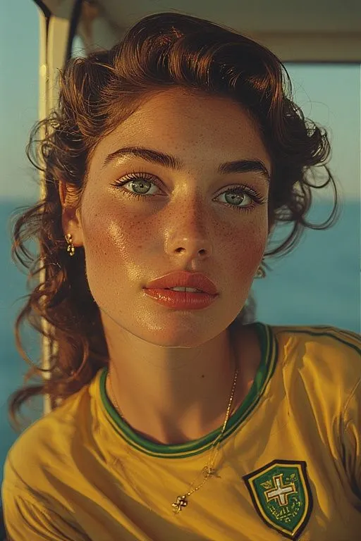a woman with freckled hair and blue eyes is wearing a yellow soccer jersey