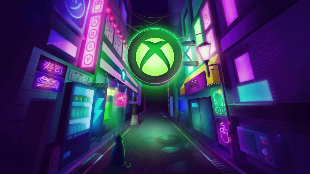 Xbox Tokyo Game Show 2025, Neon, Cyberpunk, Street lights, Cat, 5K, Xbox logo