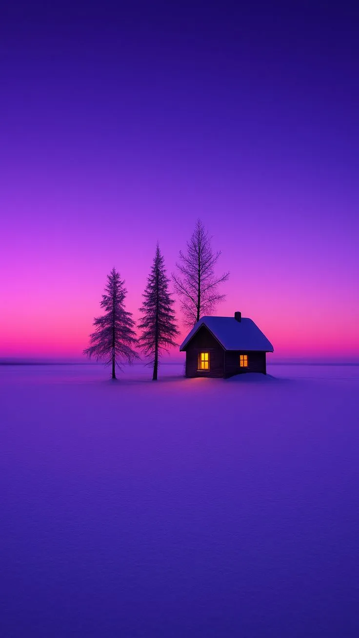 a house in the middle of a snow covered field with trees on it at sunset