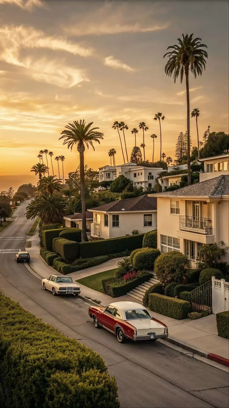cars are parked on the street in front of some houses with palm trees and bushes