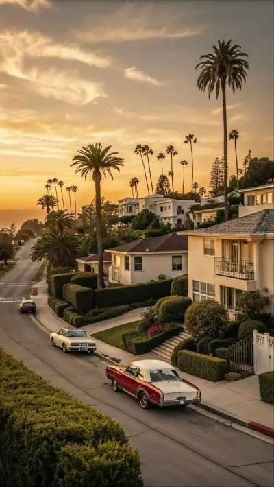 cars are parked on the street in front of some houses with palm trees and bushes