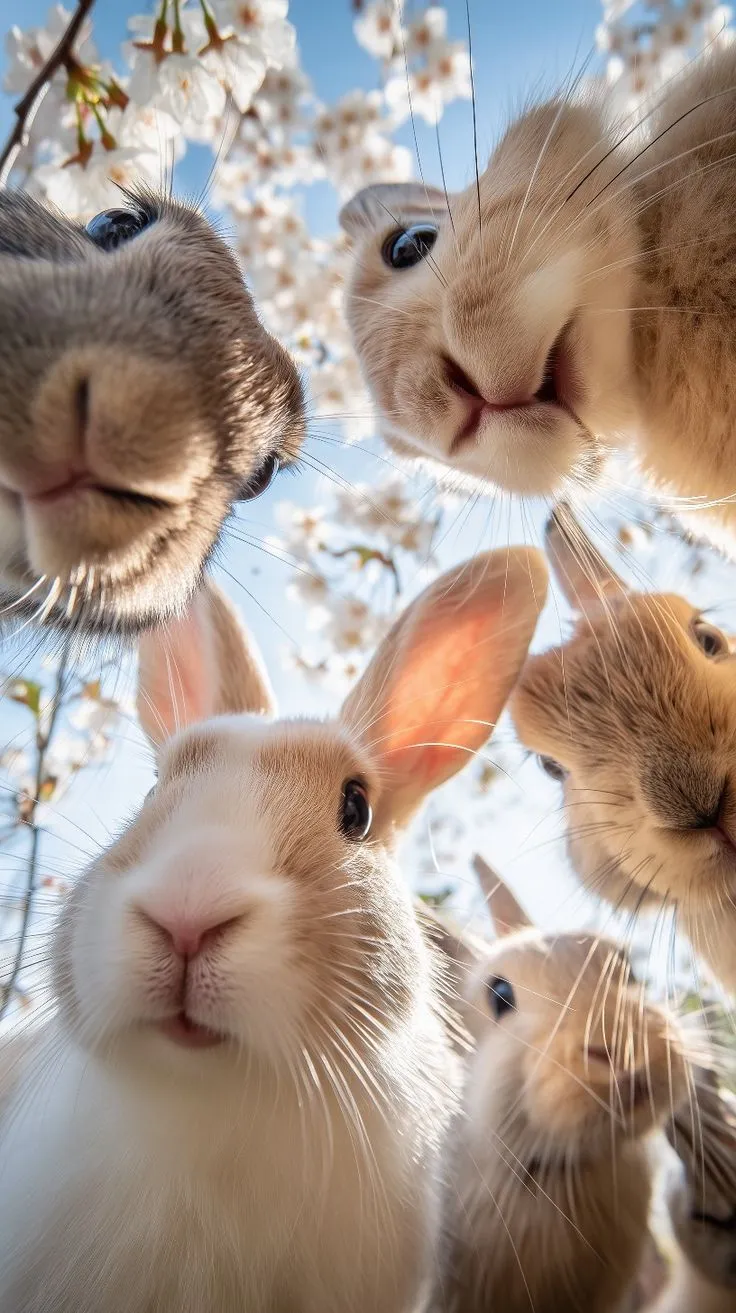 four rabbits looking up at the camera with cherry blossom trees in the backgroud