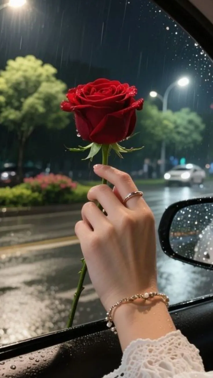 a woman is holding a red rose in her hand while she sits in the car