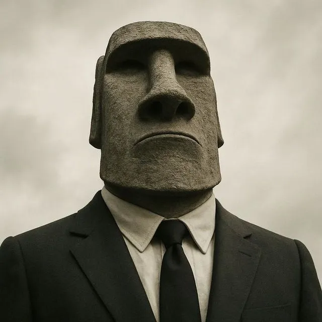 a man wearing a suit and tie with a mask on his face, standing in front of a cloudy sky