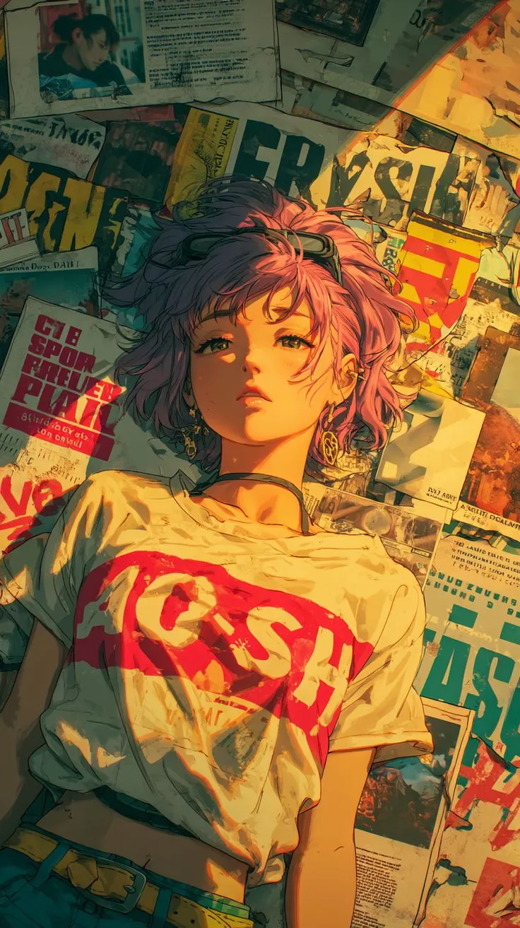 a woman with pink hair standing in front of a pile of newspapers