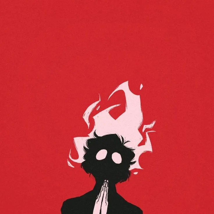 the silhouette of a woman with her hands folded in front of her face, against a red background