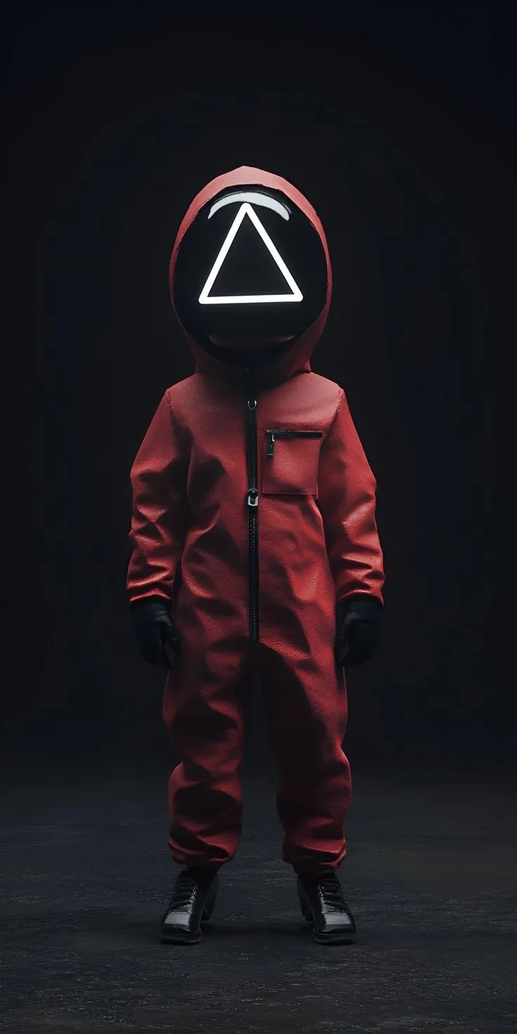 a person in a red suit with a triangle on it's head, standing against a black background