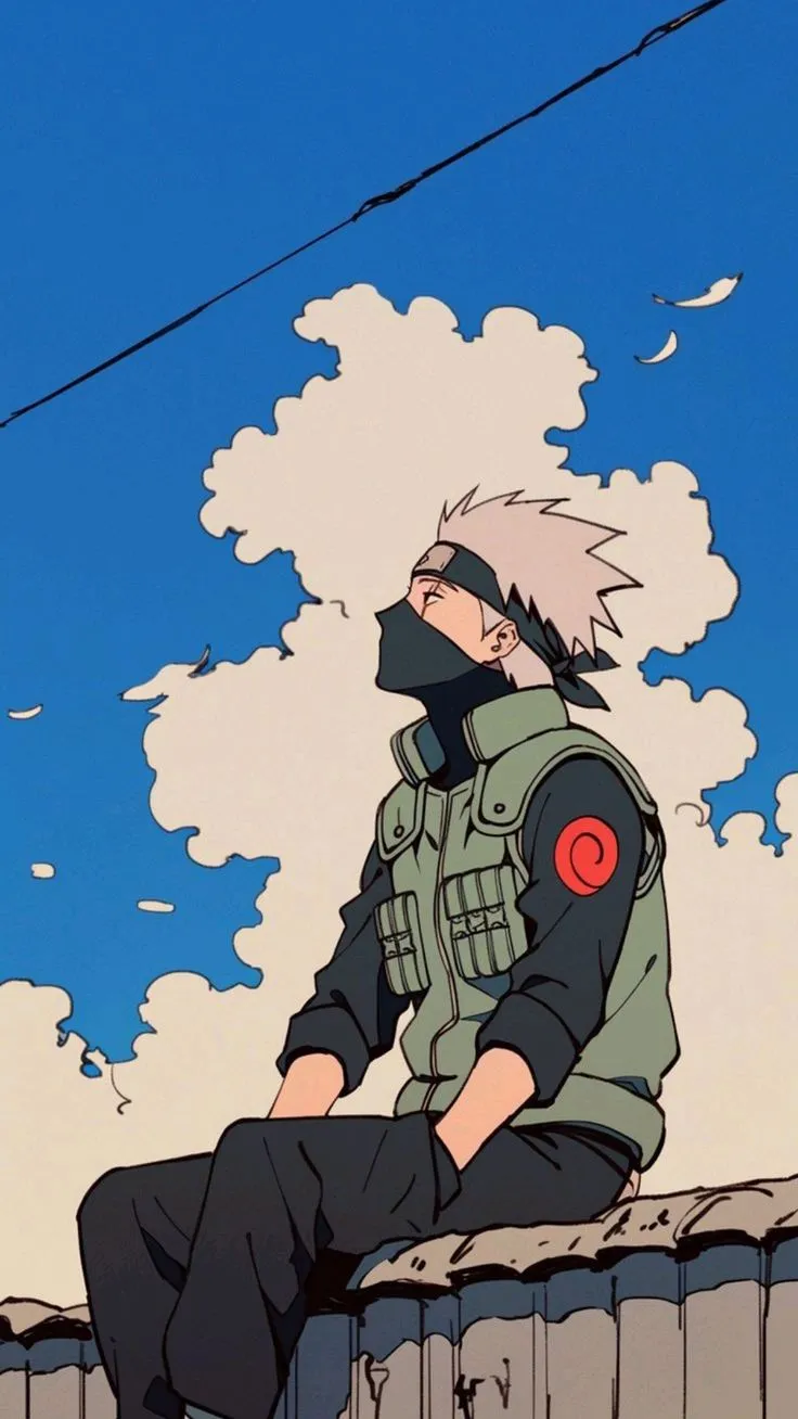 an anime character sitting on top of a building with clouds in the sky behind him
