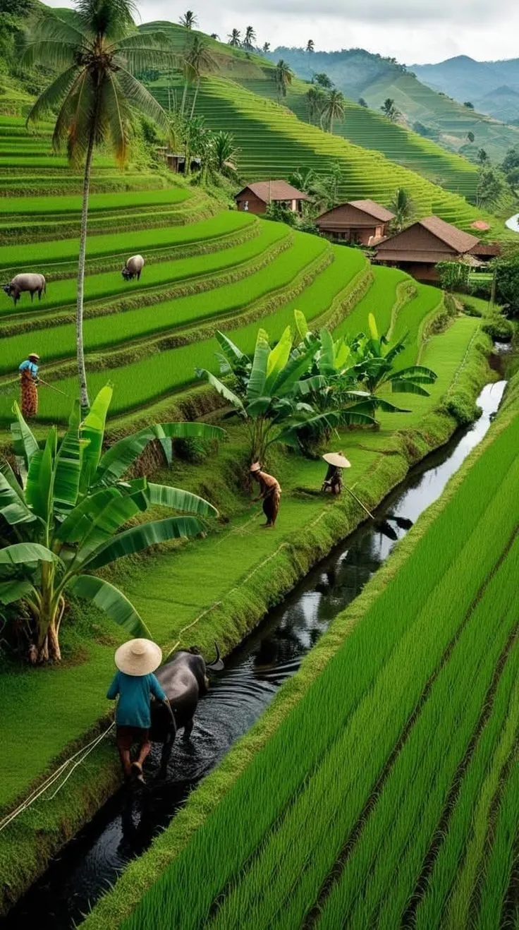 an aerial view of rice fields and people working in the water