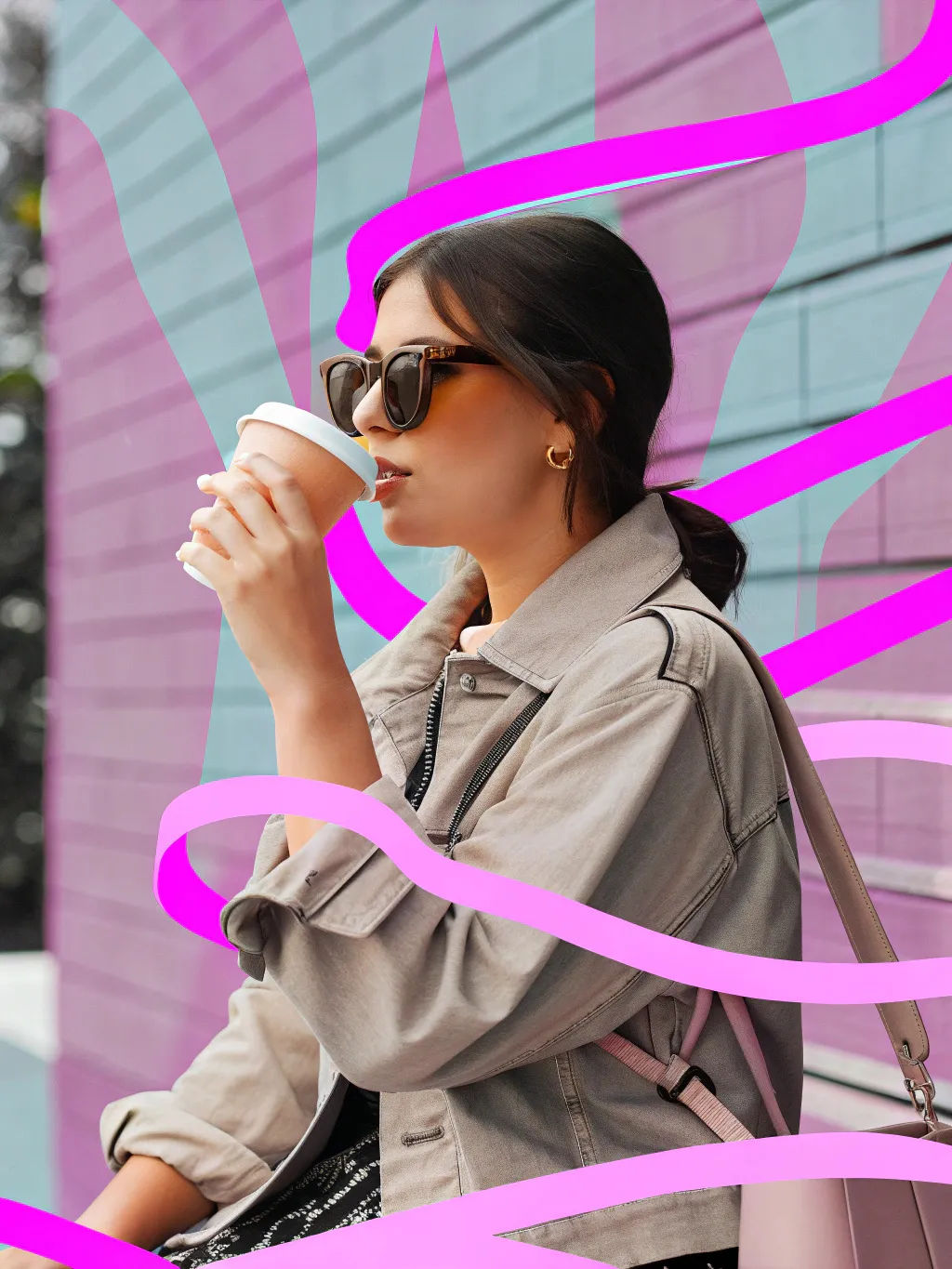 Gen-Z woman sipping coffee, oversized sunglasses, wide low-angle shot, isolated...