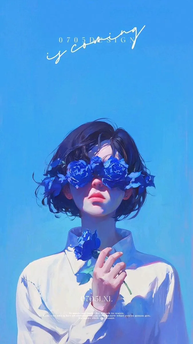 a woman with blue flowers in her hair and sunglasses on top of her head, against a blue sky