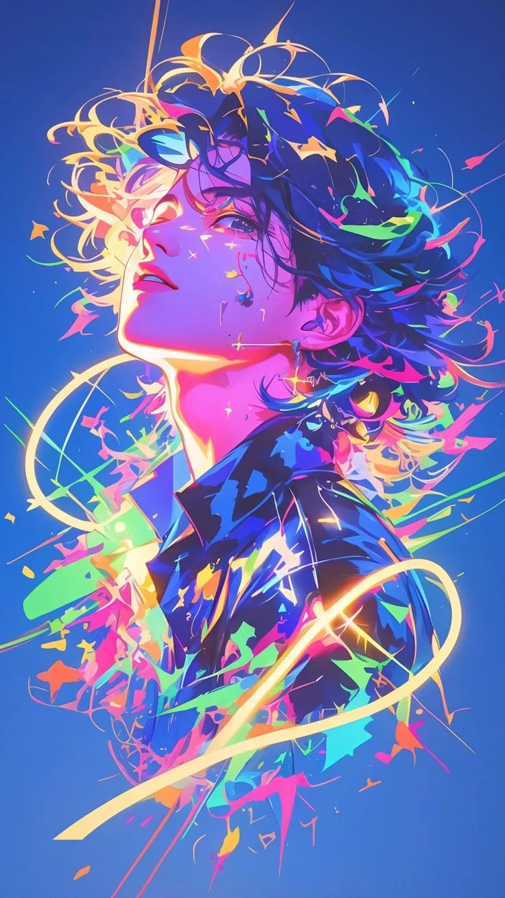 a woman's face with colorful paint splatters all over her head and shoulders